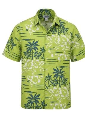 Vintage OP Lime Green Hawaiian Floral Button-Down Shirt Size Large